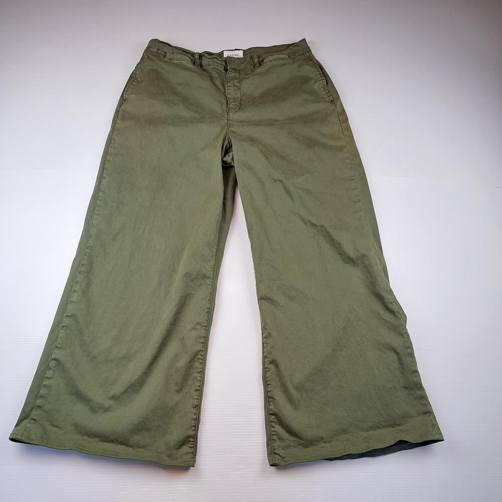 Frame Pants Womens 31 Green Wide Leg Chino Washed Fatigue Twill Stretch Relaxed